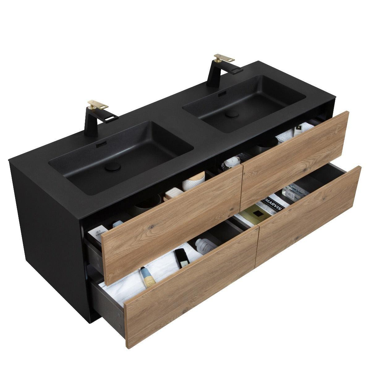 60" Black & Rough Oak Wall Mount Double Sink Bathroom Vanity with Black Engineered Quartz Countertop - Image 5