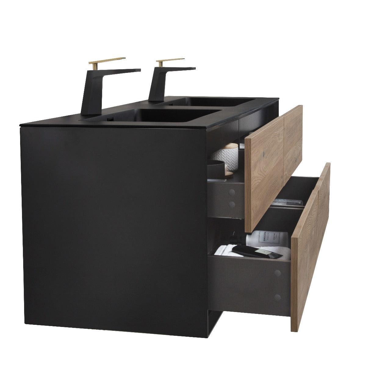 60" Black & Rough Oak Wall Mount Double Sink Bathroom Vanity with Black Engineered Quartz Countertop - Image 4