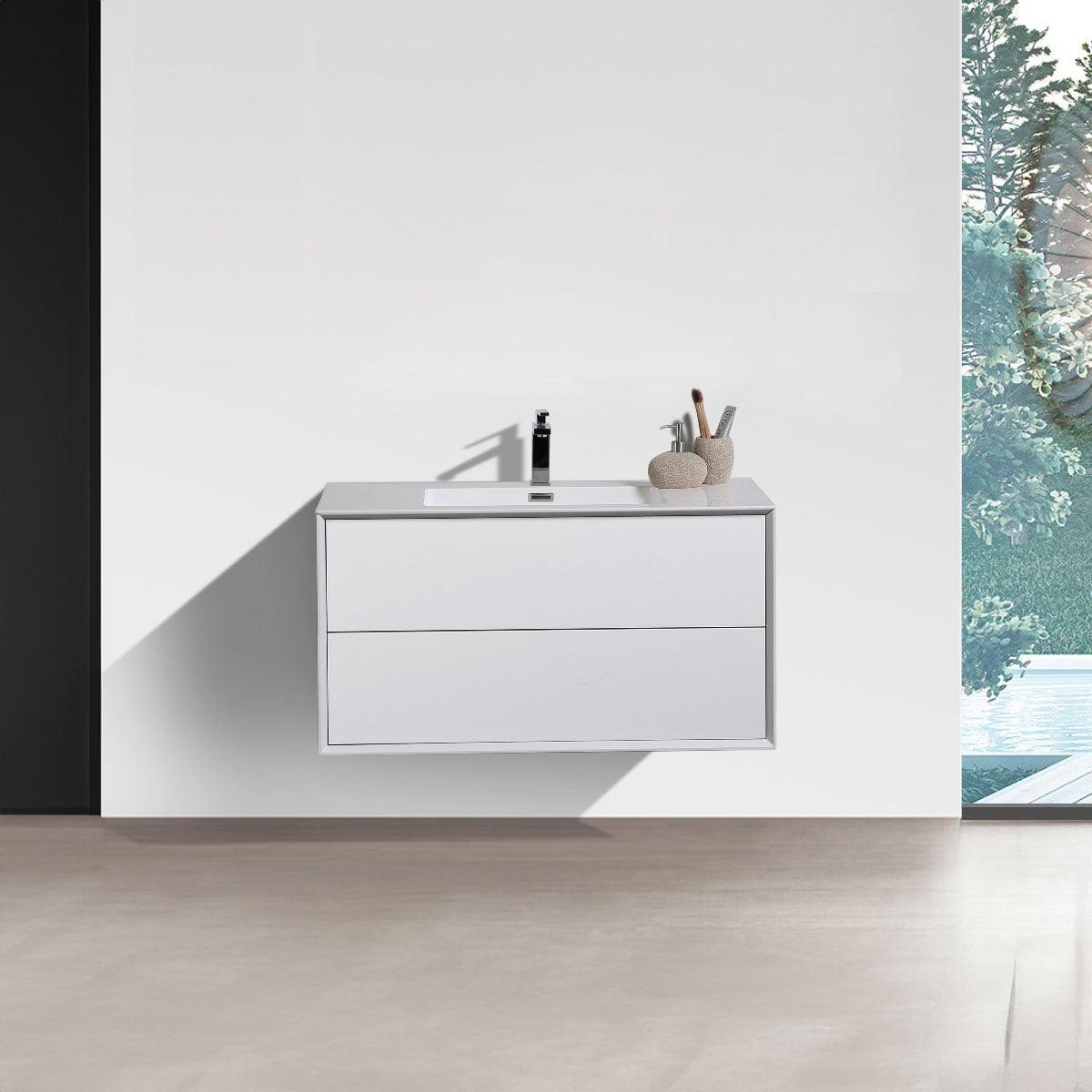 36" White Wall Mount Vanity with White Polymarble Countertop – Image 1