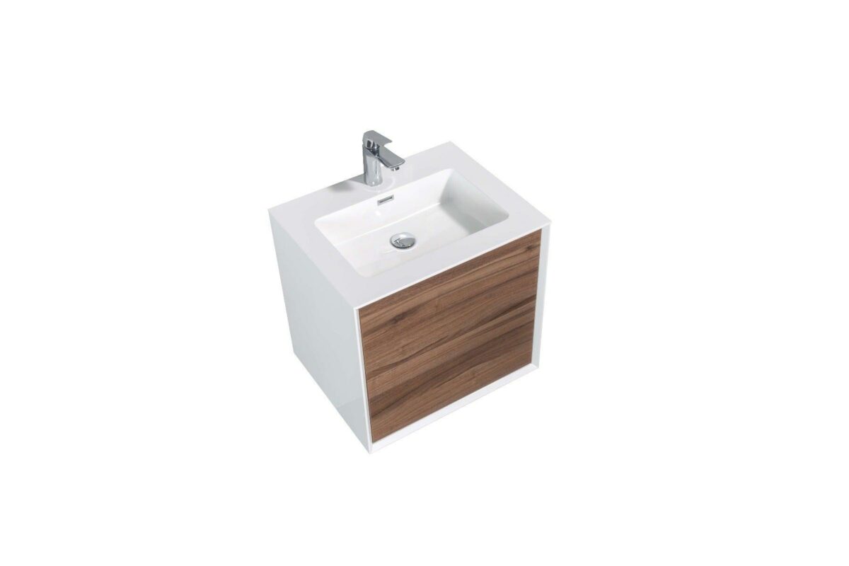 24" Walnut Wall Mount Vanity with White Polymarble Countertop - Image 3