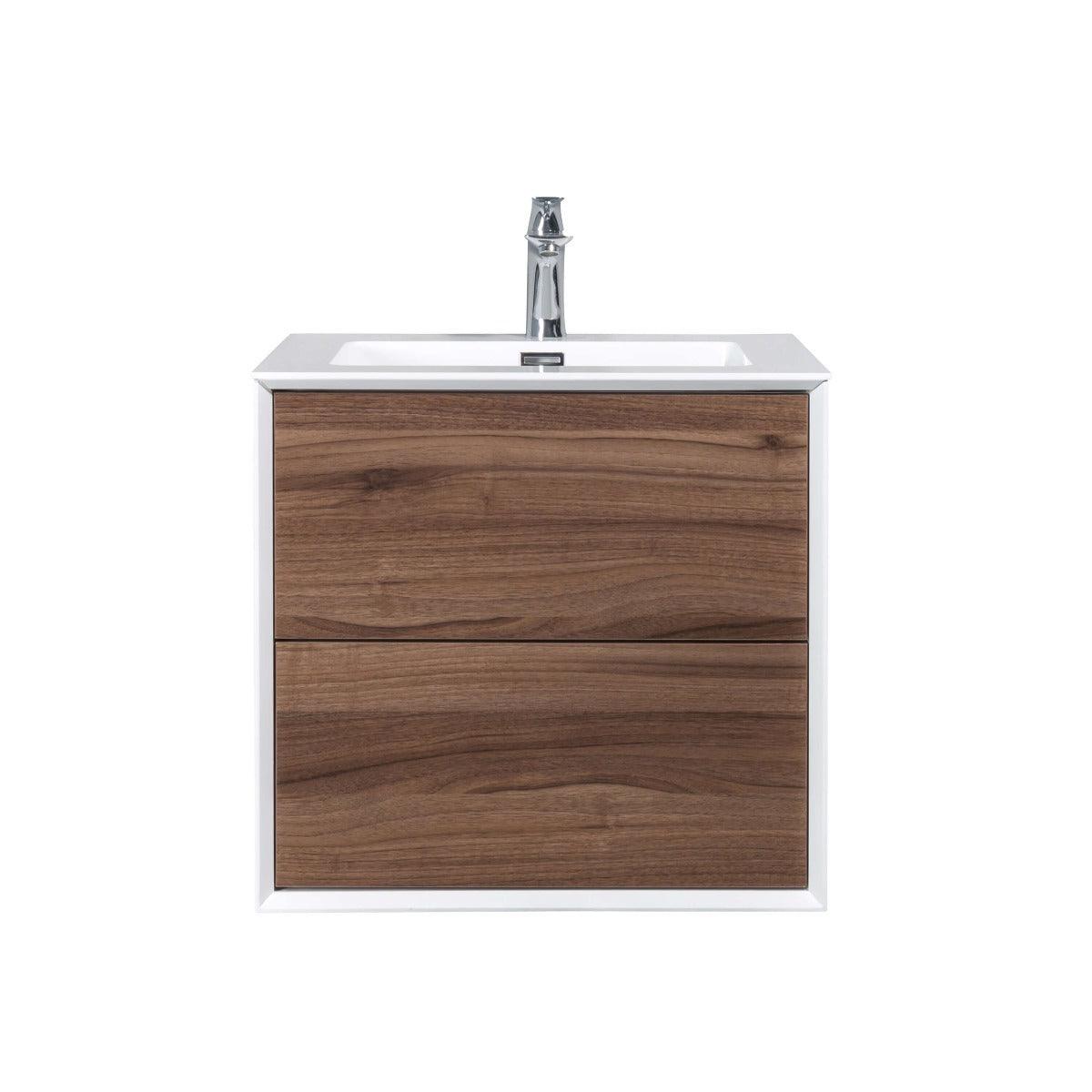 24" Walnut Wall Mount Vanity with White Polymarble Countertop – Image 2