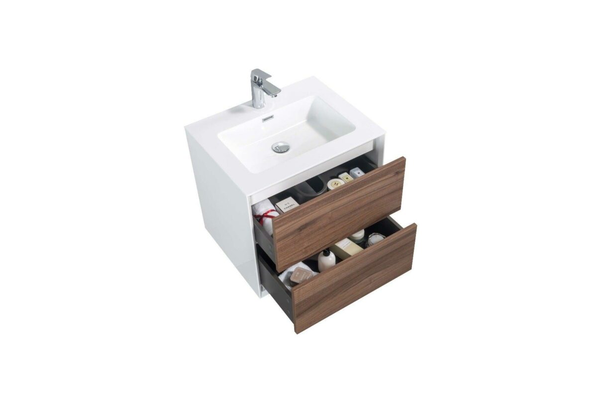 24" Walnut Wall Mount Vanity with White Polymarble Countertop - Image 4
