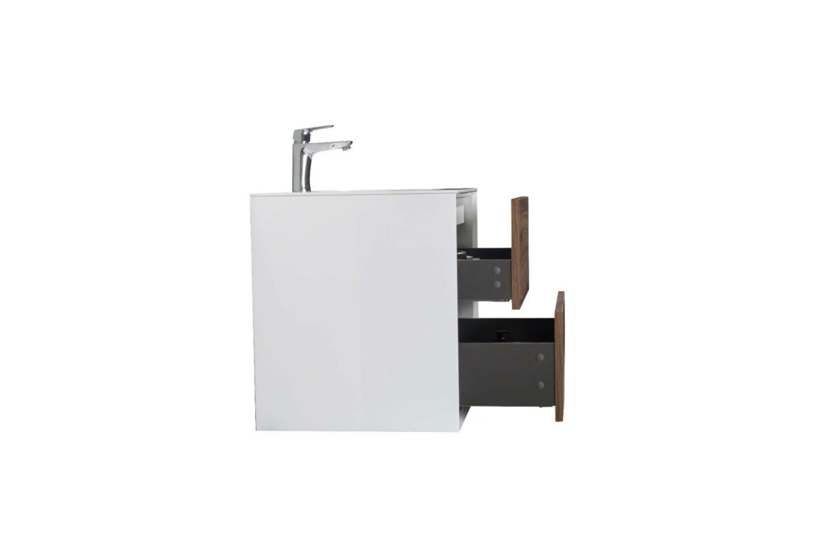 24" Walnut Wall Mount Vanity with White Polymarble Countertop - Image 5