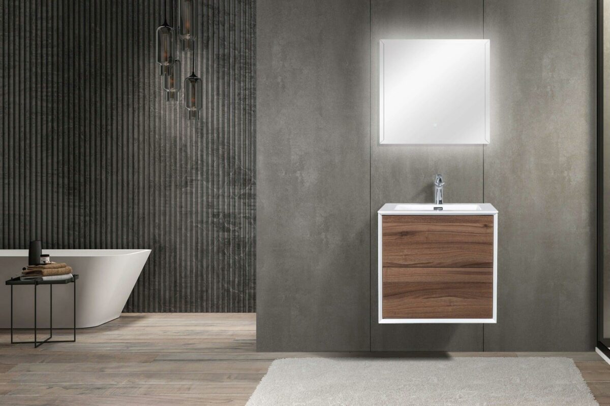 24" Walnut Wall Mount Vanity with White Polymarble Countertop - Image 6