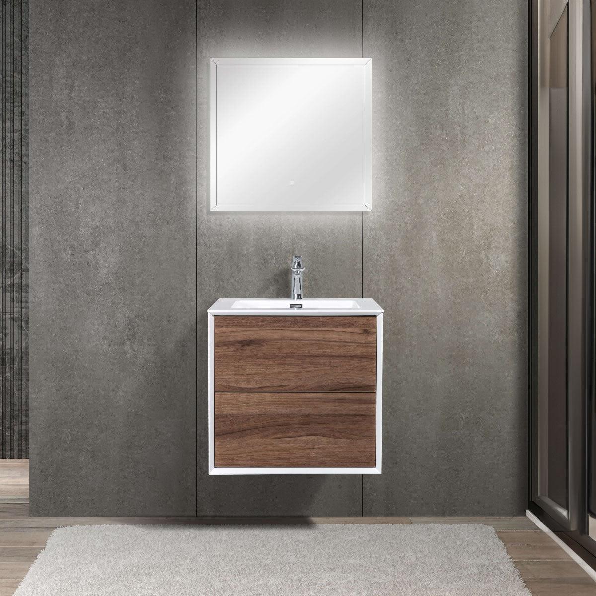 24" Walnut Wall Mount Vanity with White Polymarble Countertop – Image 1