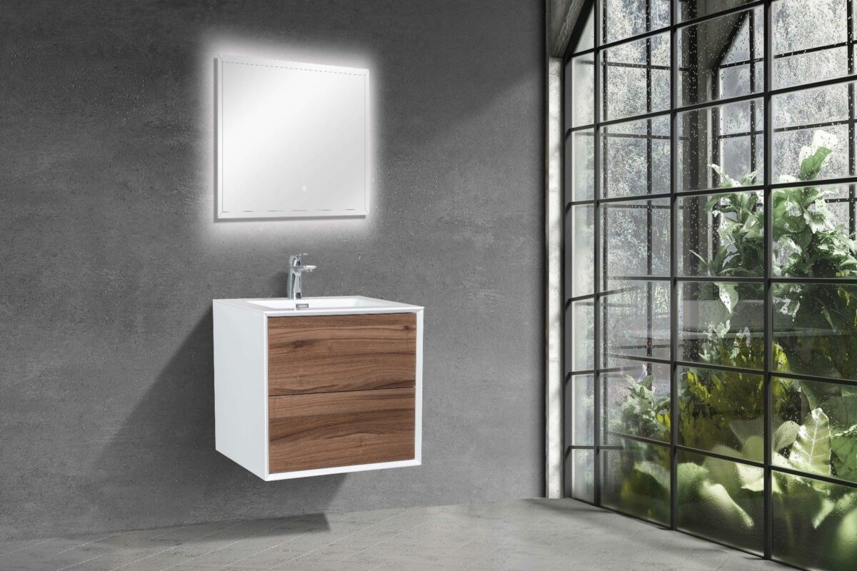24" Walnut Wall Mount Vanity with White Polymarble Countertop - Image 7