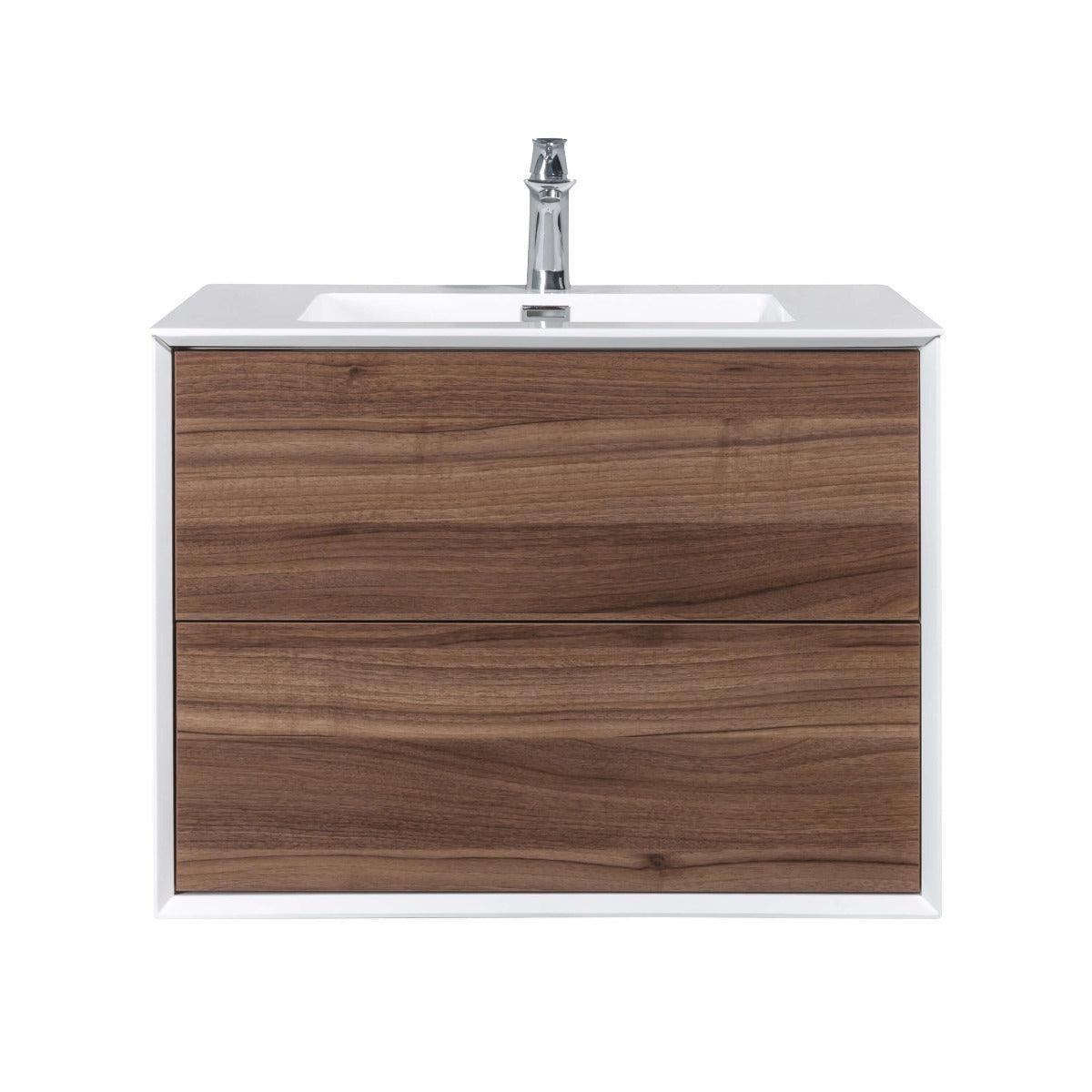 30" Walnut Wall Mount Vanity with White Polymarble Countertop - Image 2