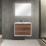 30" Walnut Wall Mount Vanity with White Polymarble Countertop