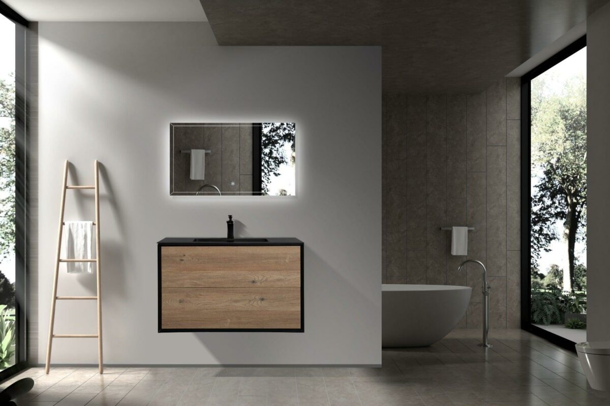 36" Black & Rough Oak Wall Mount Single Sink Bathroom Vanity with Black Engineered Quartz Countertop Fleur - Image 6