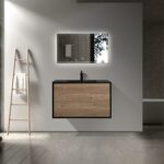 36" Black & Rough Oak Wall Mount Single Sink Bathroom Vanity with Black Engineered Quartz Countertop Fleur