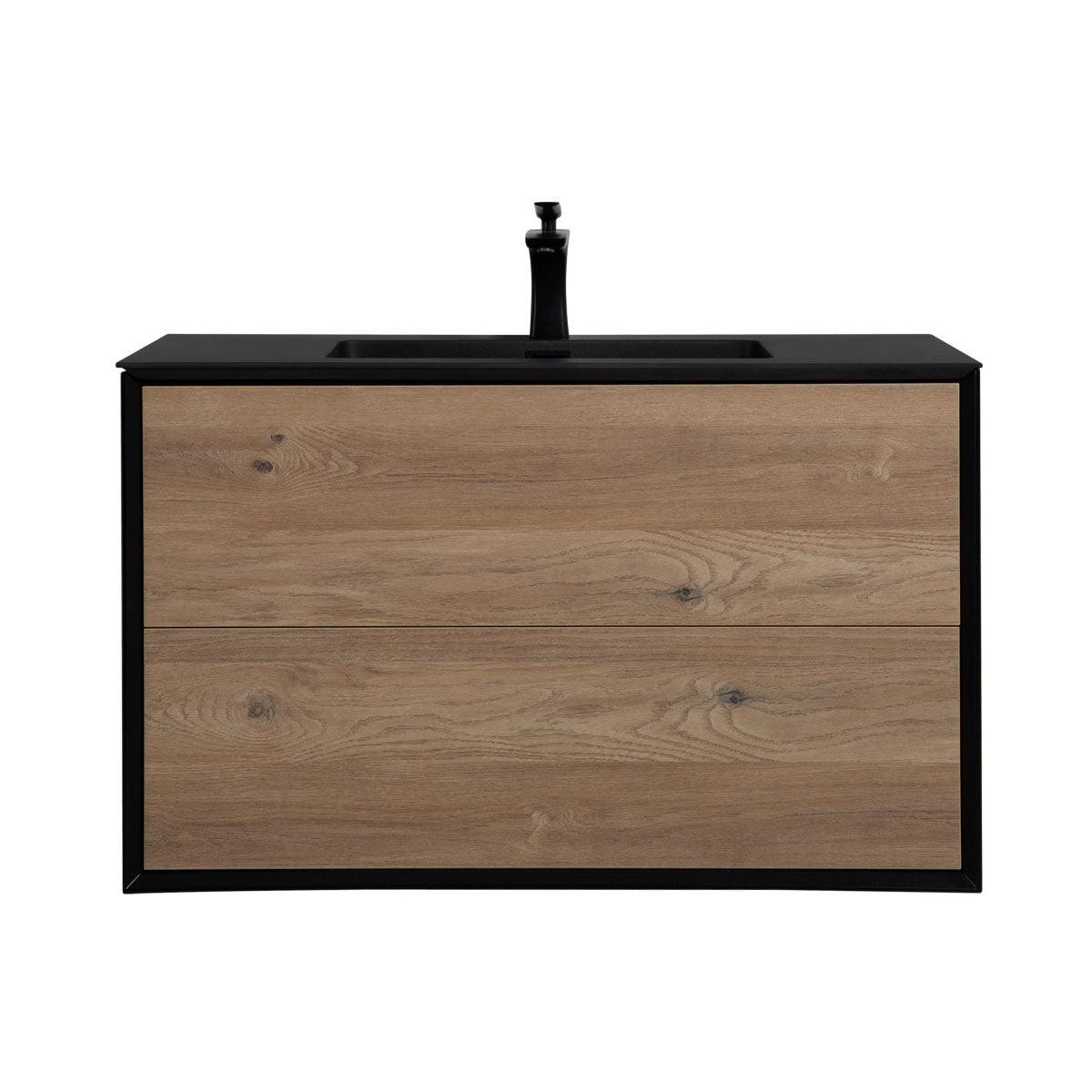 36" Black & Rough Oak Wall Mount Single Sink Bathroom Vanity with Black Engineered Quartz Countertop Fleur – Image 2