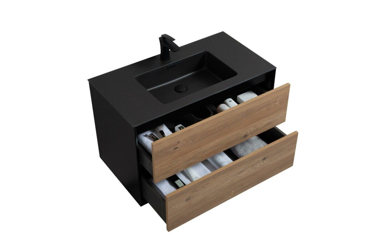 36" Black & Rough Oak Wall Mount Single Sink Bathroom Vanity with Black Engineered Quartz Countertop Fleur - Image 5