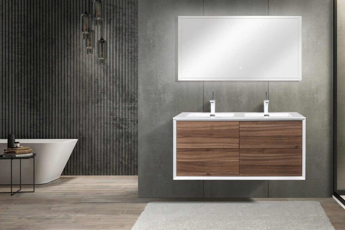 48" Walnut Wall Mount Double Sink Bathroom Vanity with White Polymarble Countertop Fleur - Image 6