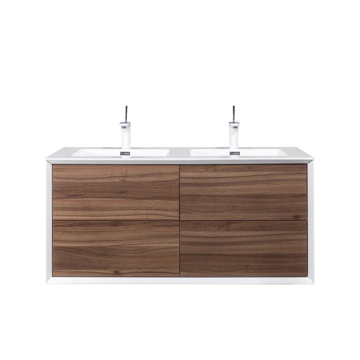 48" Walnut Wall Mount Double Sink Bathroom Vanity with White Polymarble Countertop Fleur - Image 2