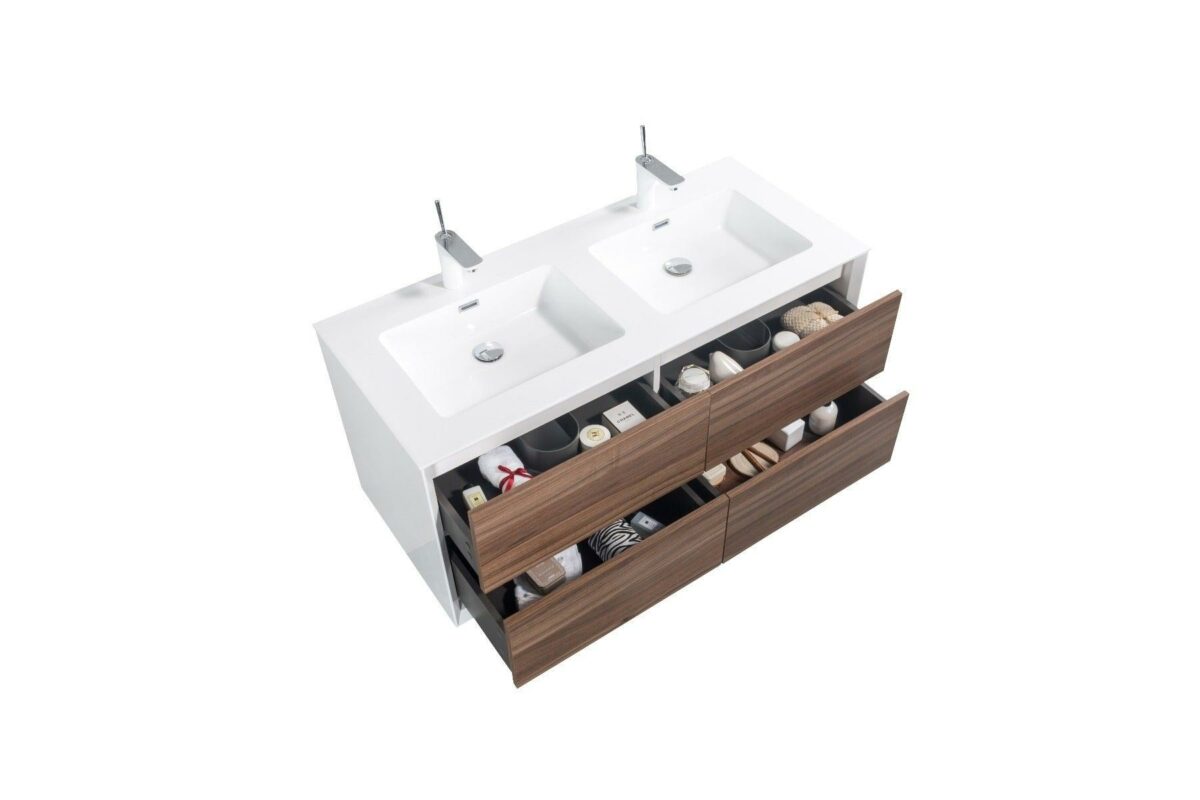48" Walnut Wall Mount Double Sink Bathroom Vanity with White Polymarble Countertop Fleur - Image 4