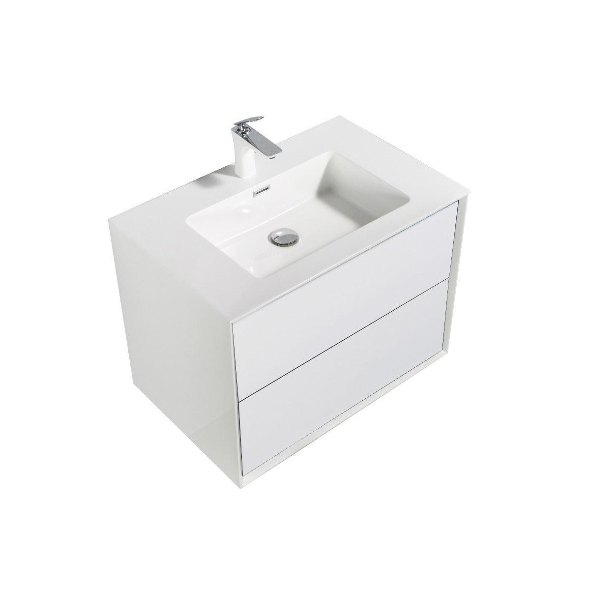 30" White Wall Mount Vanity with White Polymarble Countertop – Image 3