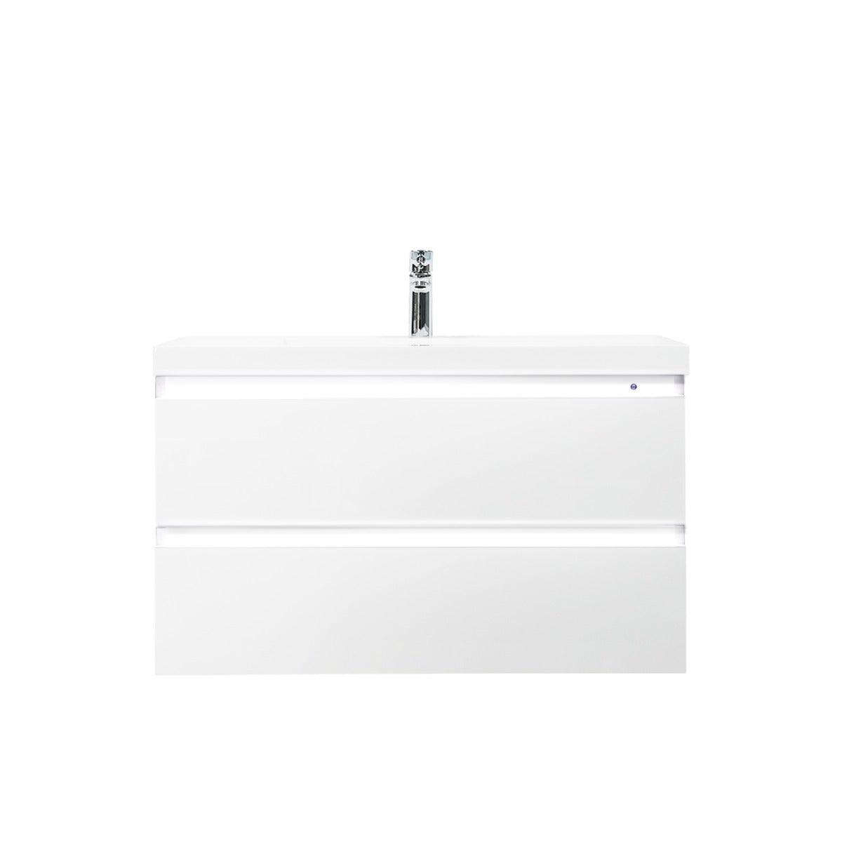 36" Glossy White Wall Mount Light-Up Bathroom Vanity with White Polymarble Countertop – Image 5