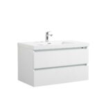 36" Glossy White Wall Mount Light-Up Bathroom Vanity with White Polymarble Countertop - Image 2