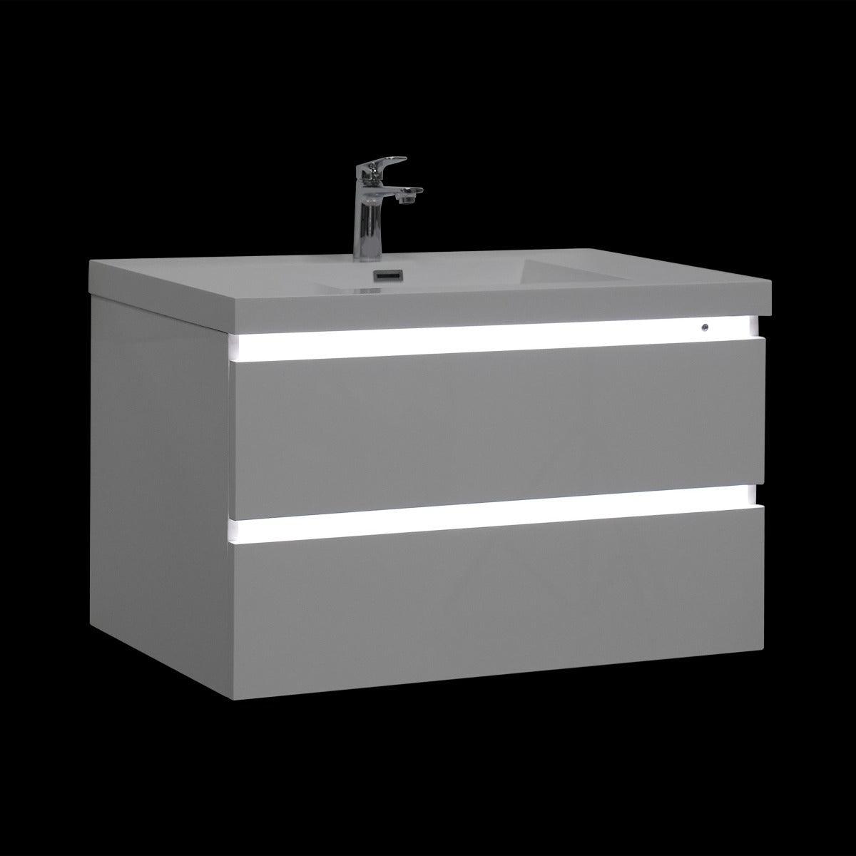 36" Glossy White Wall Mount Light-Up Bathroom Vanity with White Polymarble Countertop – Image 3