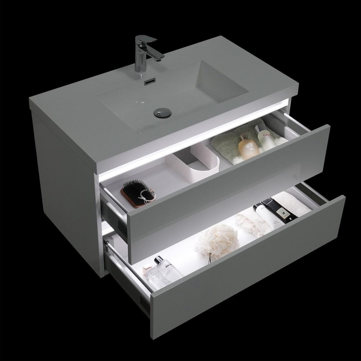 36" Glossy White Wall Mount Light-Up Bathroom Vanity with White Polymarble Countertop – Image 6