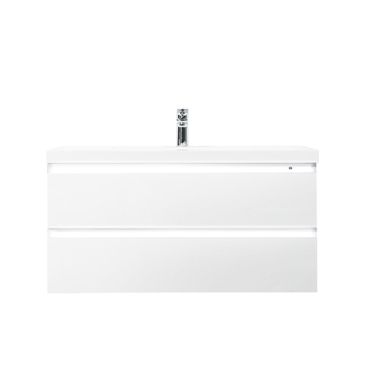 42" Glossy White Wall Mount Light-Up Bathroom Vanity with White Polymarble Countertop – Image 3