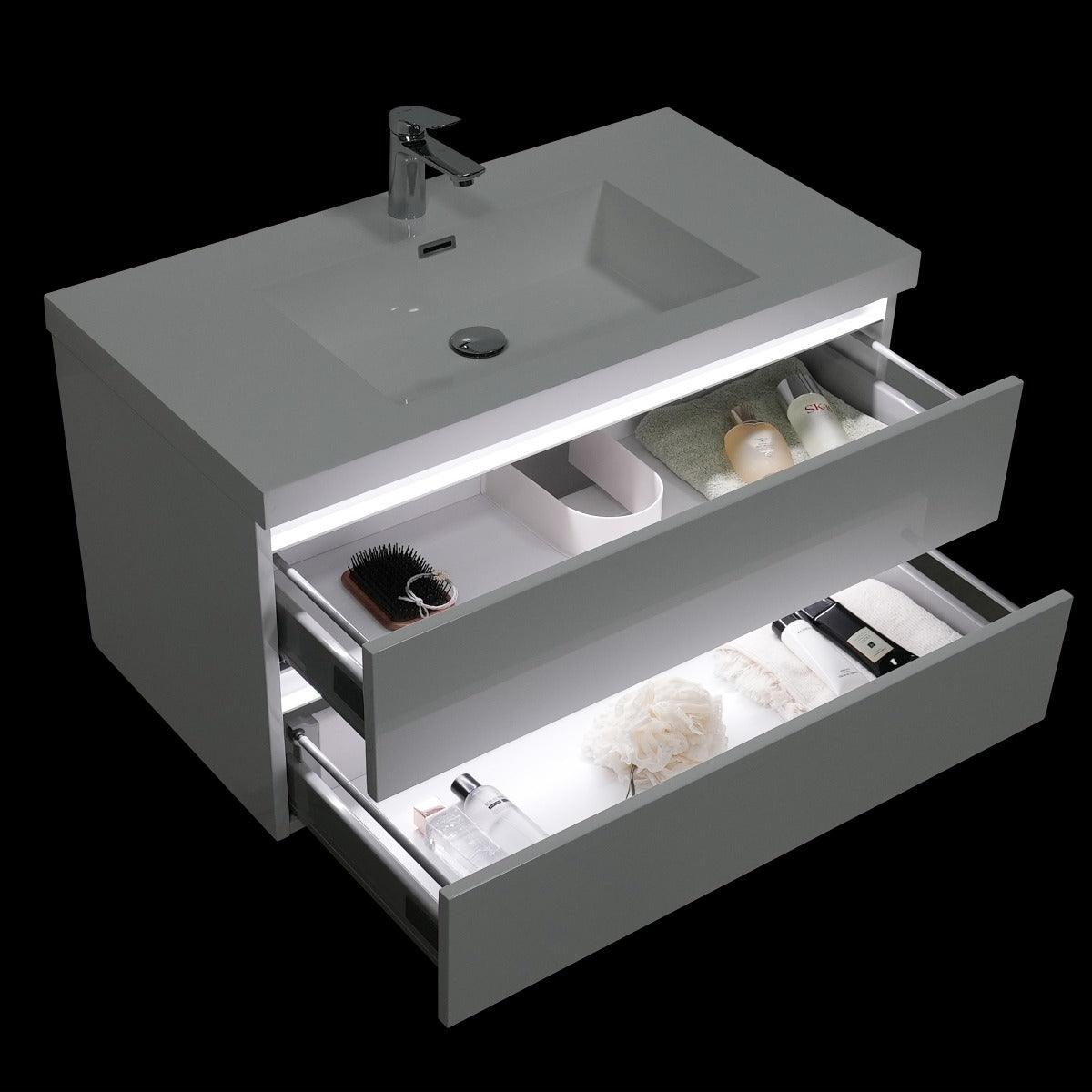 42" Glossy White Wall Mount Light-Up Bathroom Vanity with White Polymarble Countertop – Image 6