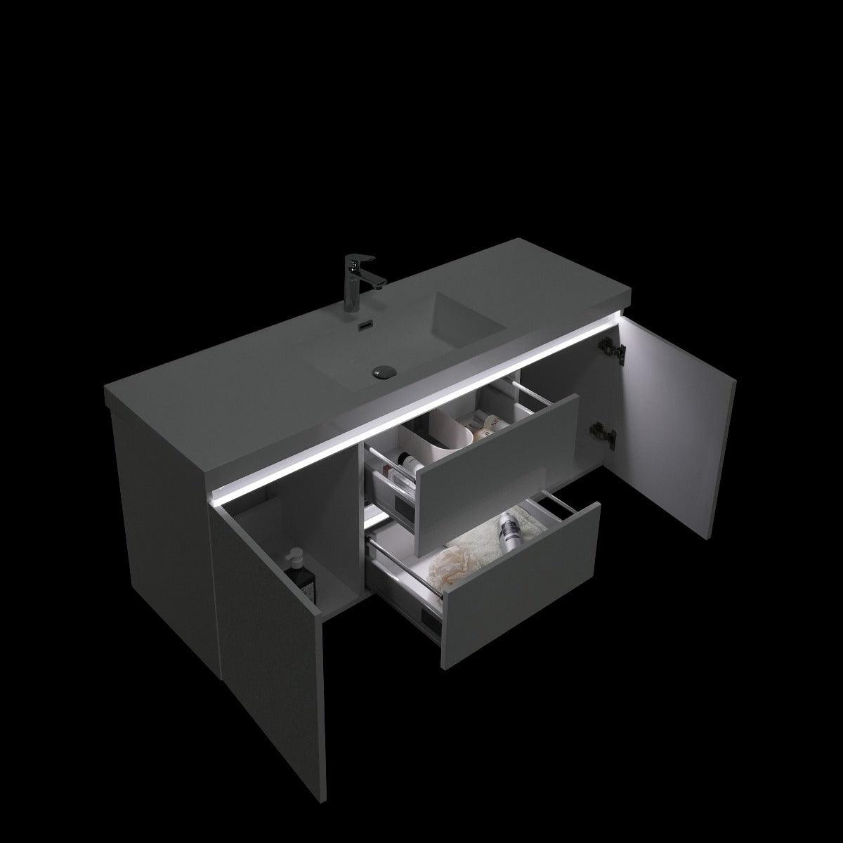 48" Glossy White Wall Mount Light-Up Bathroom Vanity with White Polymarble Countertop – Image 6