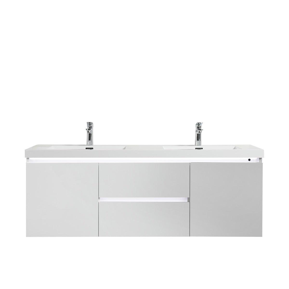 60" Glossy White Wall Mount Light-Up Double Sink Bathroom Vanity with White Polymarble Countertop – Image 2