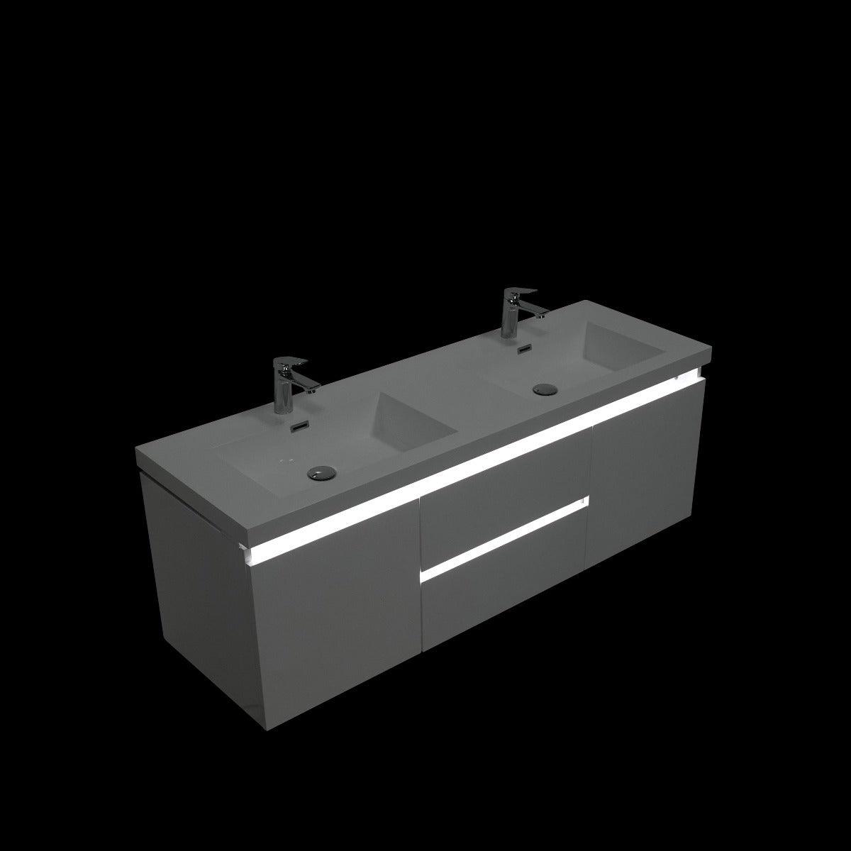 60" Glossy White Wall Mount Light-Up Double Sink Bathroom Vanity with White Polymarble Countertop – Image 4