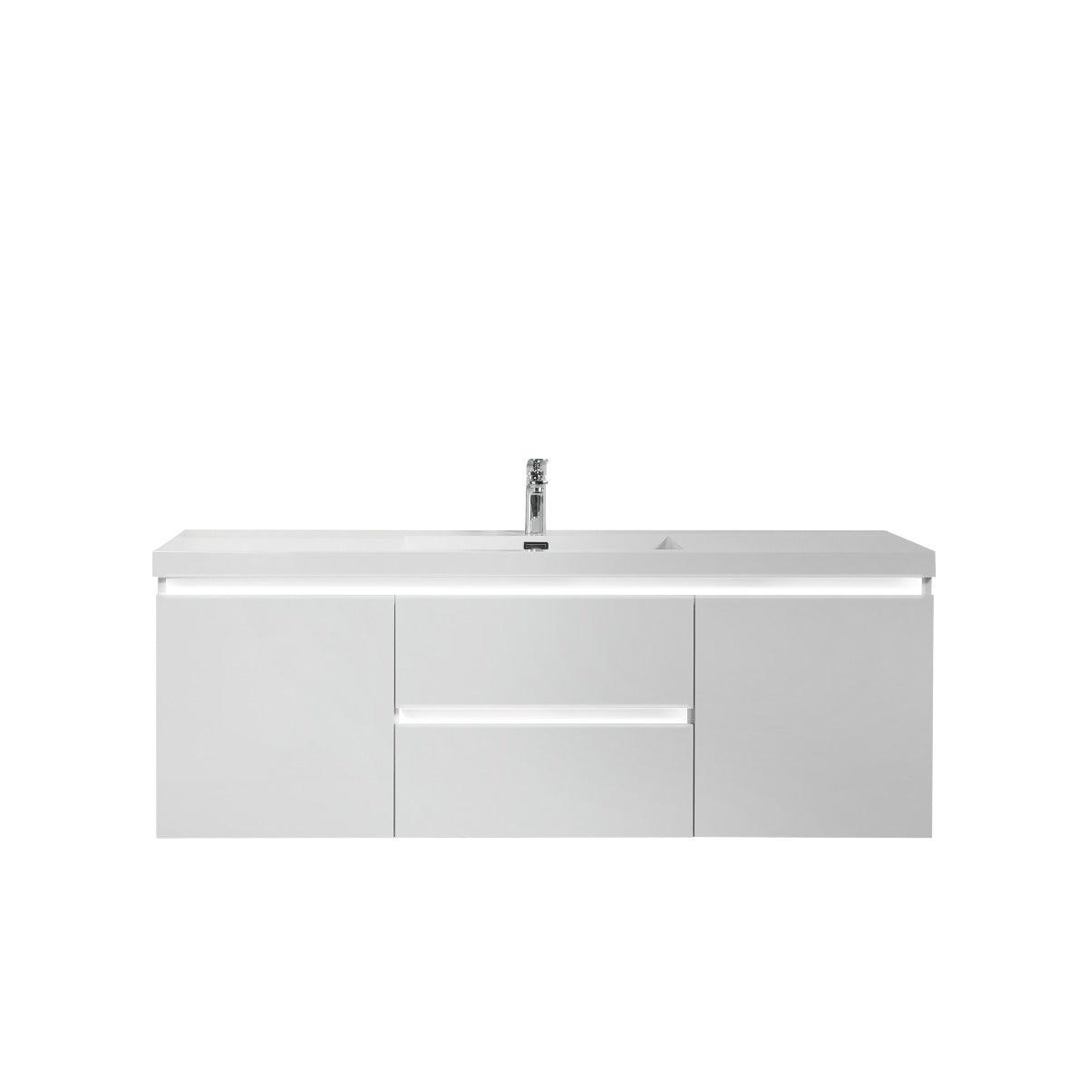 60" Glossy White Wall Mount Light-Up Bathroom Vanity with White Polymarble Countertop – Image 2