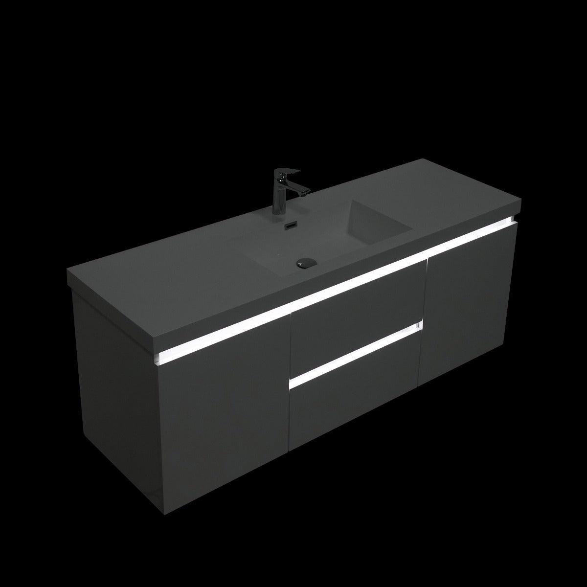 60" Glossy White Wall Mount Light-Up Bathroom Vanity with White Polymarble Countertop – Image 6