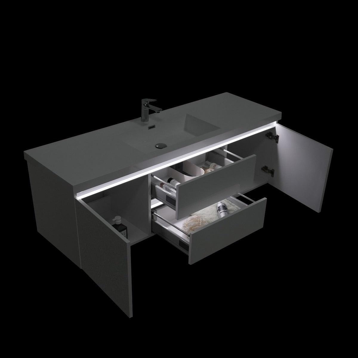 60" Glossy White Wall Mount Light-Up Bathroom Vanity with White Polymarble Countertop – Image 7