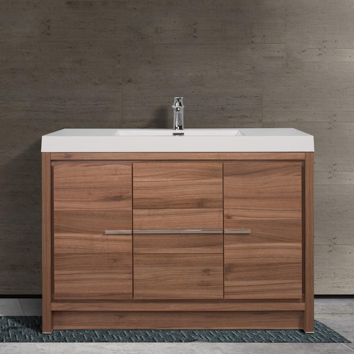 48" Walnut Freestanding Bathroom Vanity with White Polymarble Countertop – Image 2