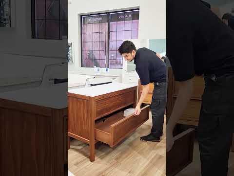 60" Natural Walnut Freestanding Double Sink Bathroom Vanity with White Solid Surface Countertop Vista – Image 10