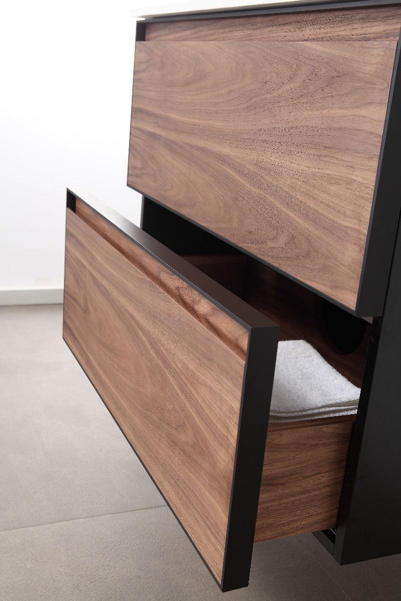 30" Walnut Wall Mount Bathroom Vanity with White Solid surface Countertop – Image 6