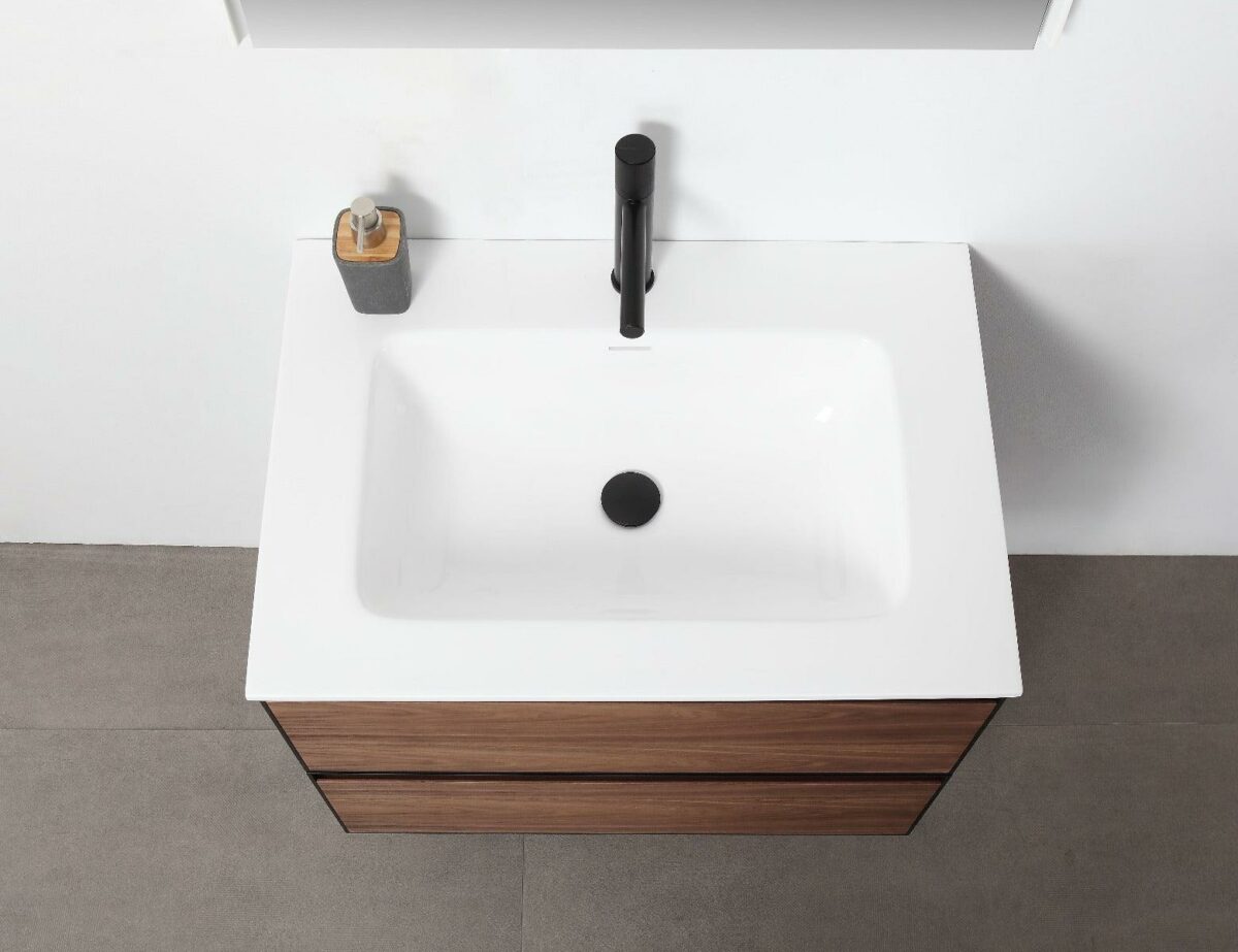 30" Walnut Wall Mount Bathroom Vanity with White Solid surface Countertop - Image 5