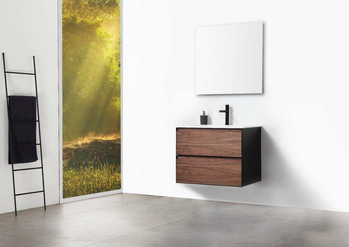 30" Walnut Wall Mount Bathroom Vanity with White Solid surface Countertop - Image 8