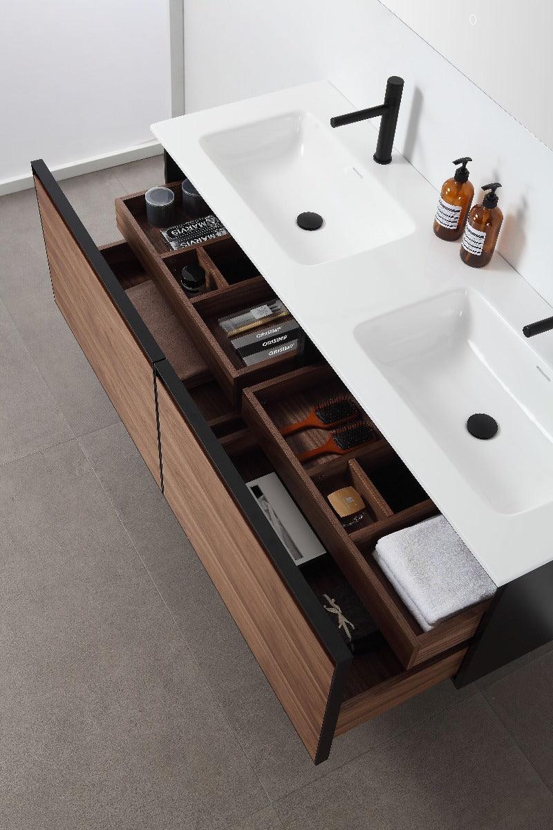 60" Walnut Wall Mount Double Sink Bathroom Vanity with Glossy White Solid Surface Countertop - Image 4