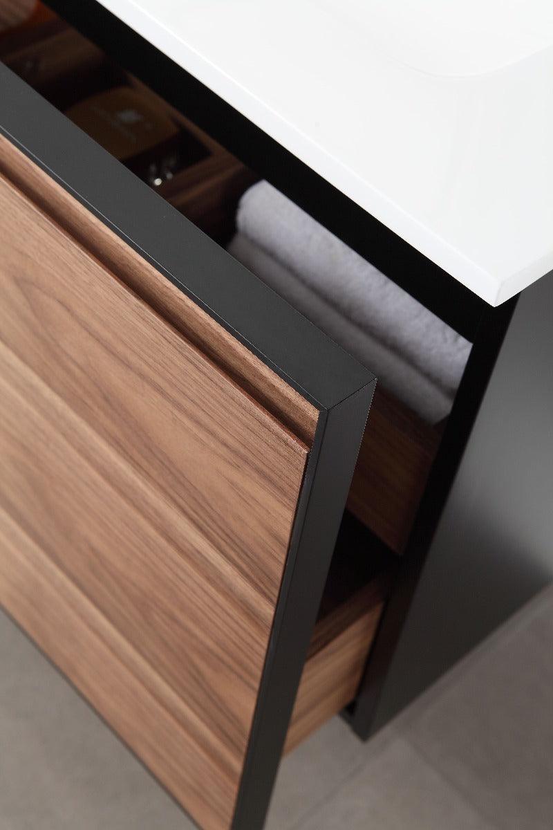 60" Walnut Wall Mount Double Sink Bathroom Vanity with Glossy White Solid Surface Countertop - Image 6