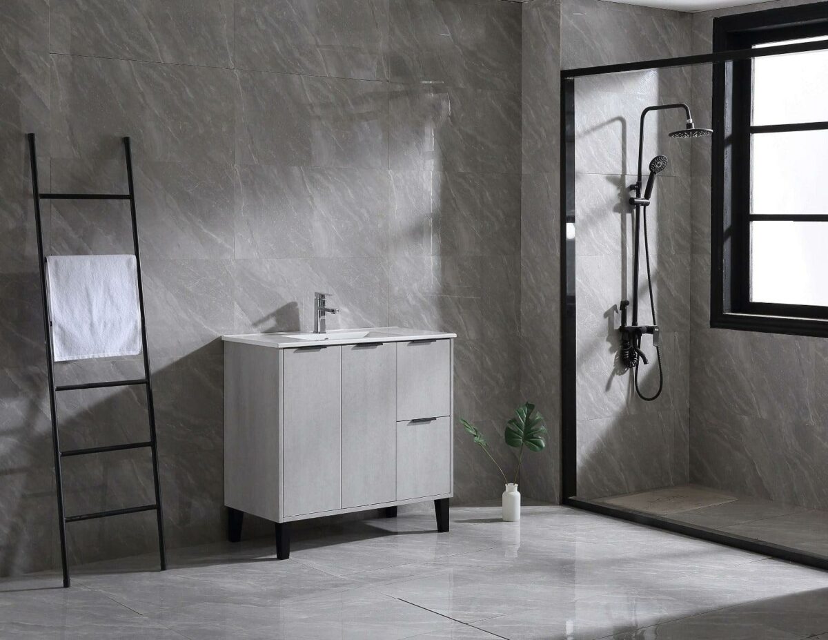 36" Cement Freestanding Bathroom Vanity with White Ceramic Countertop Odessa - Image 6