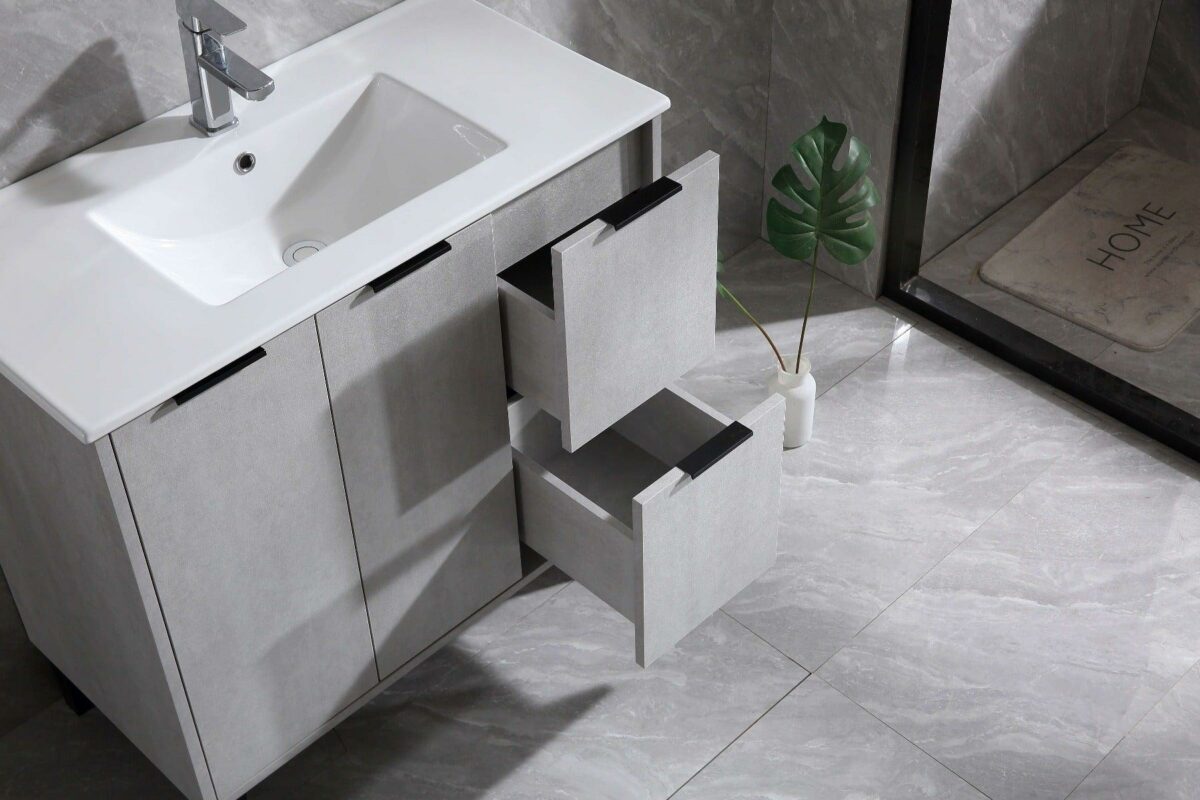 36" Cement Freestanding Bathroom Vanity with White Ceramic Countertop Odessa - Image 5