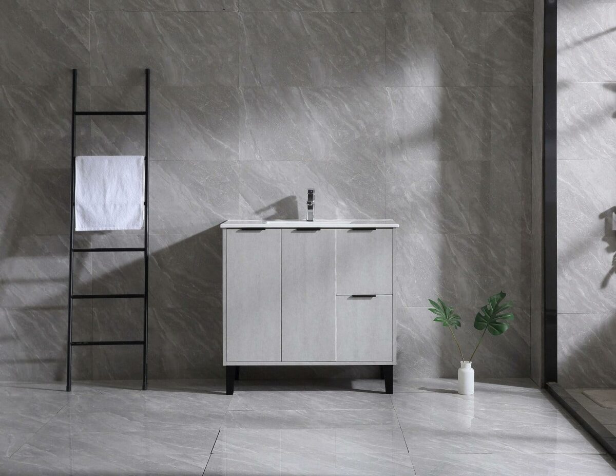 36" Cement Freestanding Bathroom Vanity with White Ceramic Countertop Odessa - Image 1