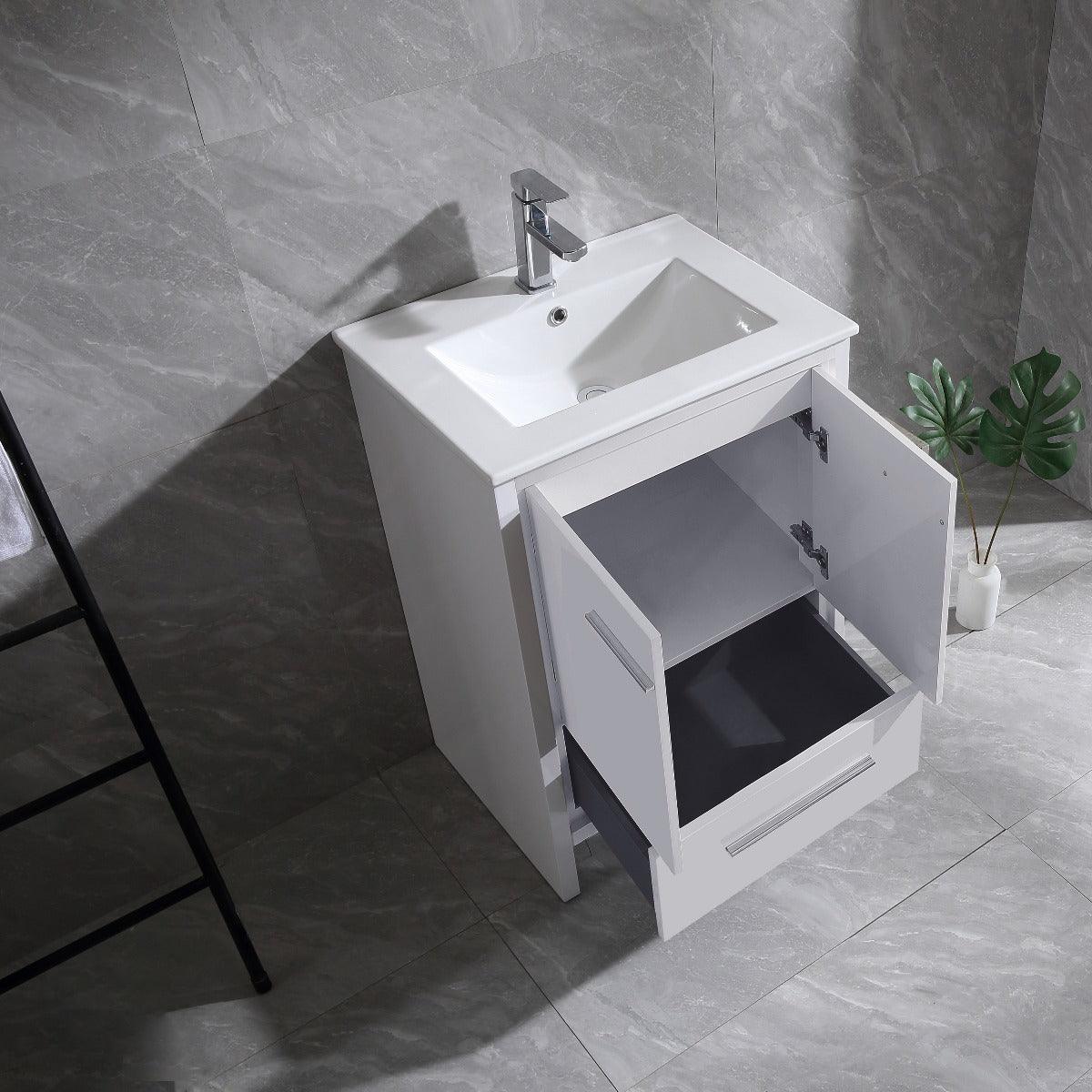 24" Glossy White Freestanding Bathroom Vanity with White Ceramic Countertop – Image 3
