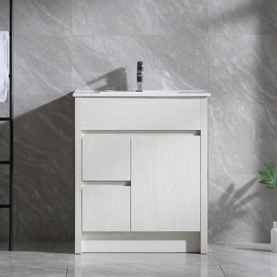 30" Bleached Oak Freestanding Bathroom Vanity with White Ceramic Countertop – Image 1