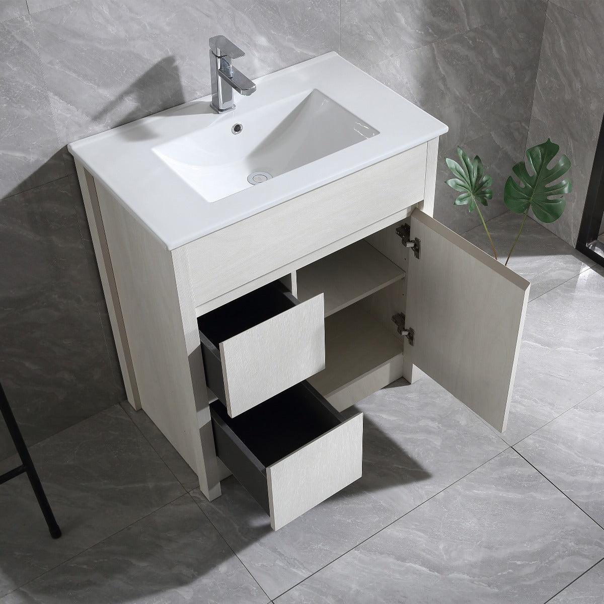 30" Bleached Oak Freestanding Bathroom Vanity with White Ceramic Countertop - Image 4