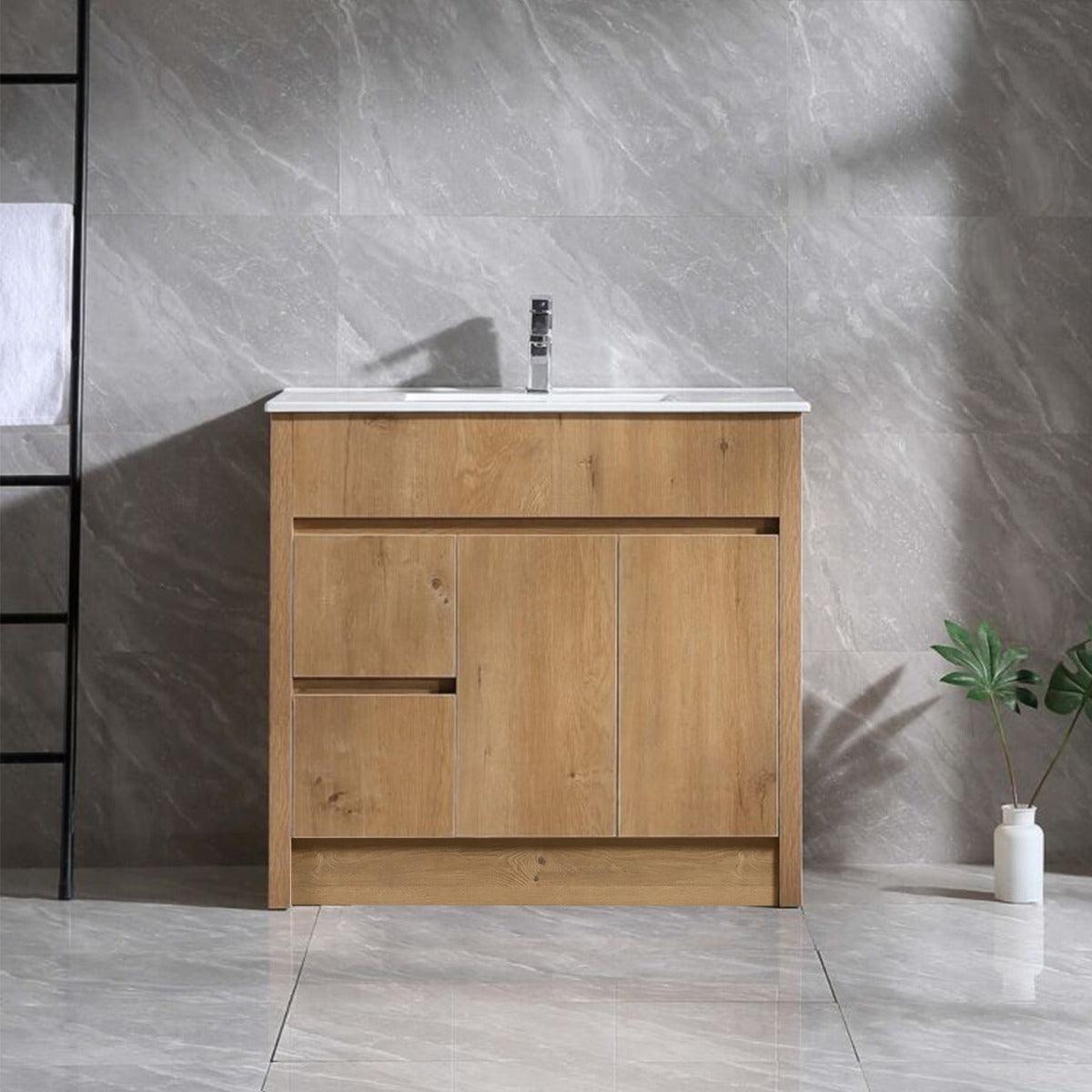 36" Frosted Oak Freestanding Bathroom Vanity with White Ceramic Countertop – Image 1