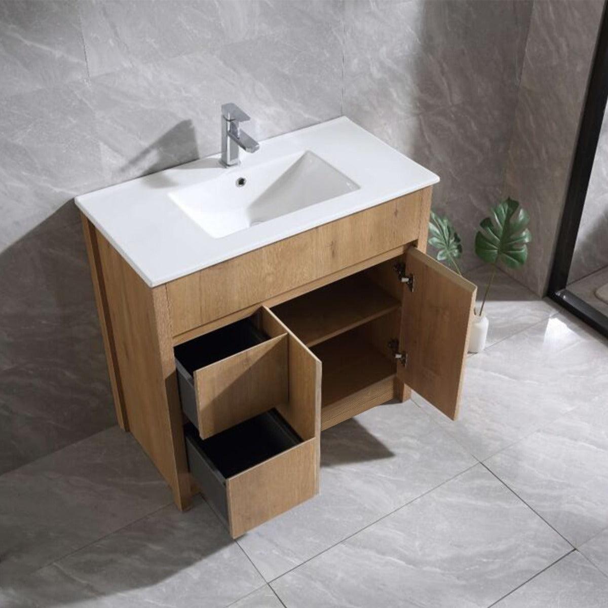 36" Frosted Oak Freestanding Bathroom Vanity with White Ceramic Countertop - Image 4