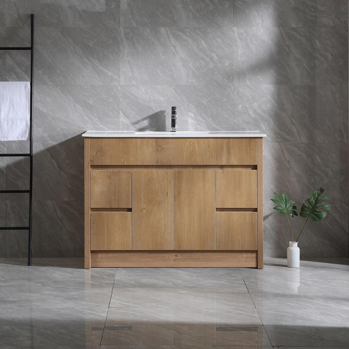 48" Frosted Oak Freestanding Single Sink Bathroom Vanity with White Ceramic Countertop - Image 1