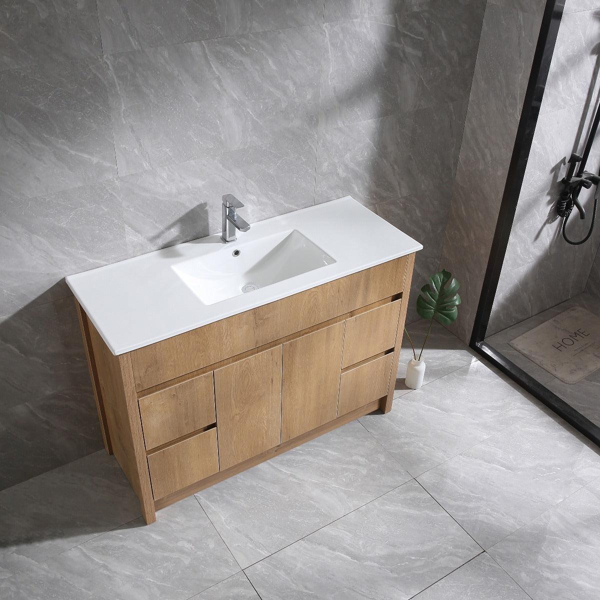 48" Frosted Oak Freestanding Single Sink Bathroom Vanity with White Ceramic Countertop - Image 4