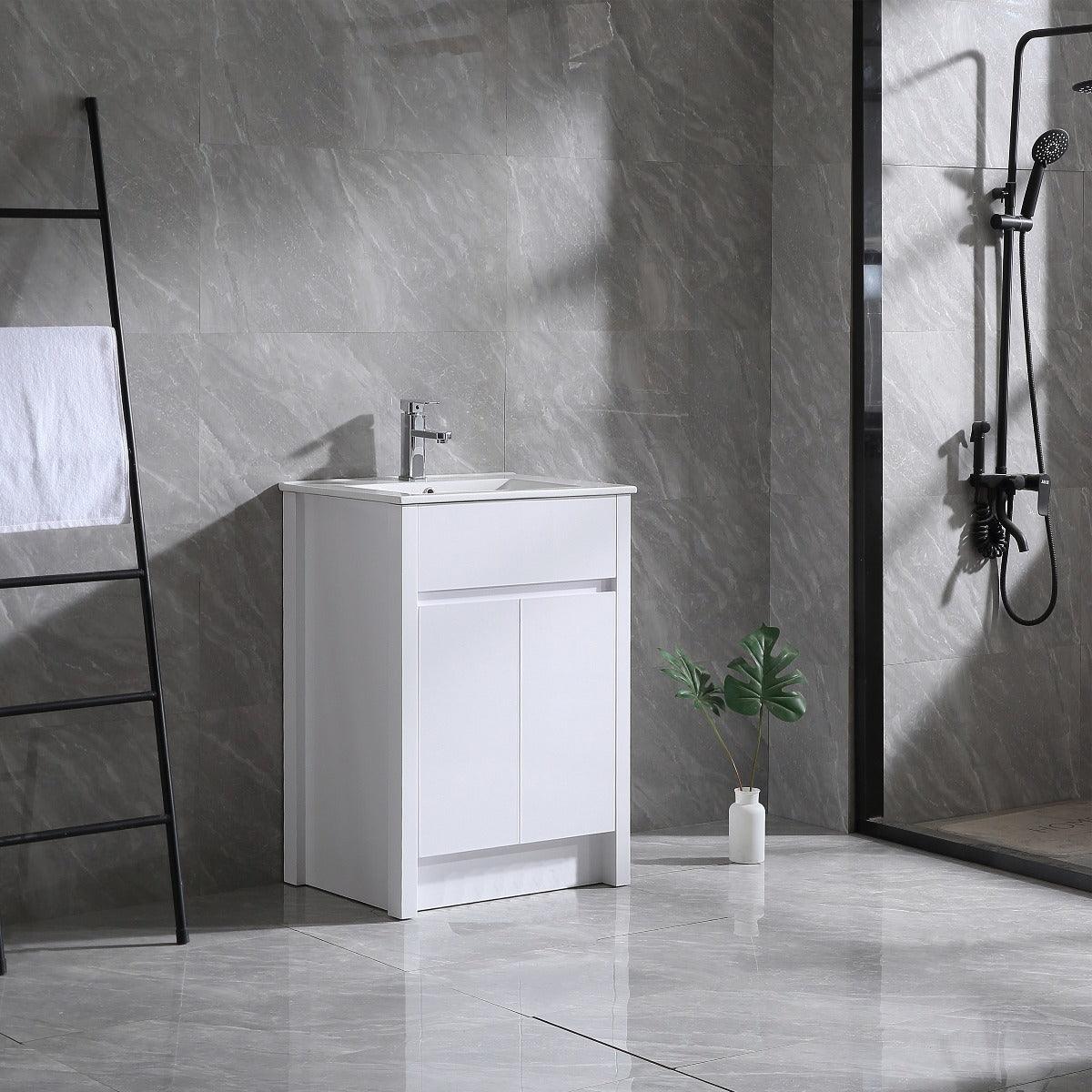 24" Glossy White Freestanding Bathroom Vanity with White Ceramic Countertop - Image 3